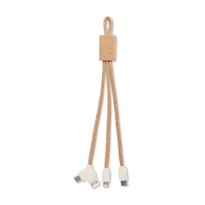 Kabel do ładowania 3 w 1 korek Korkowy kabel 3-w-1 do ładowania. Wejście typu A i typu C. 3 typy wyjścia. Korek jest materiałem w 100% naturalnym. Ze względu na jego strukturę i porowatość powierzchni ostateczny wygląd nadruku na każdym artykule może się różnić.