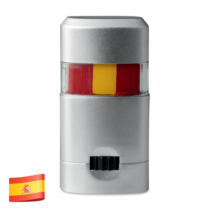 Flamastry do malowania. Trójkolorowe flamastry do malowania po twarzy. Pakowane w srebrne plastikowe pudełko z przezroczystym wieczkiem. Barwy flag Hiszpanii, Niemiec, Włoch, Holandii.
