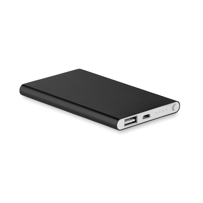 Płaski Powerbank 4000mAh Power bank 4000 mAh z aluminium pochodzącego z recyklingu. Pojemność do smartfonów, prąd wyjściowy DC5V/1A. Zawiera lampkę kontrolną i kabel USB z wtyczką micro USB.