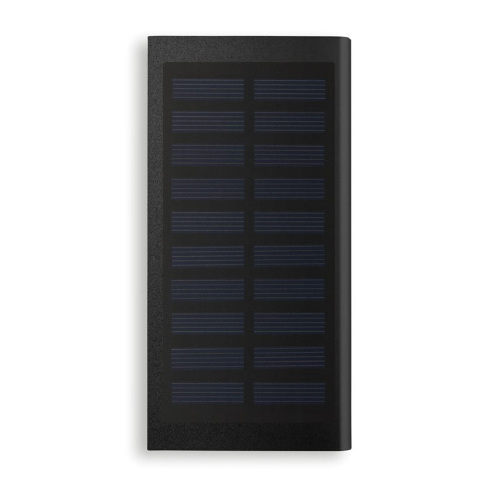 Solarny power bank 8000 mAh Power bank 8000 mAh z aluminium z recyklingu i panelem słonecznym. Pojemność do smartfonów, prąd wyjściowy DC5V/1A i DC5V/2A. Zawiera lampkę kontrolną i kabel USB z wtyczką micro USB.