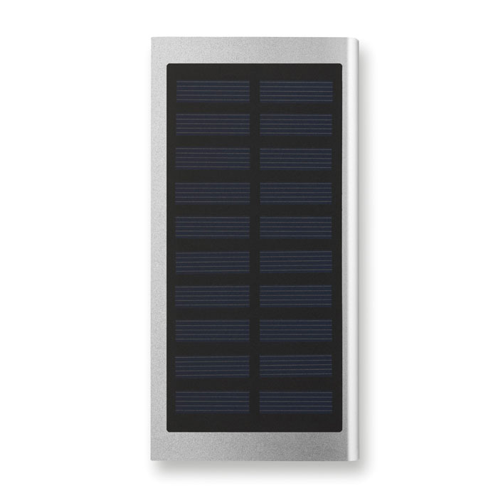 Solarny power bank 8000 mAh Power bank 8000 mAh z aluminium z recyklingu i panelem słonecznym. Pojemność do smartfonów, prąd wyjściowy DC5V/1A i DC5V/2A. Zawiera lampkę kontrolną i kabel USB z wtyczką micro USB.