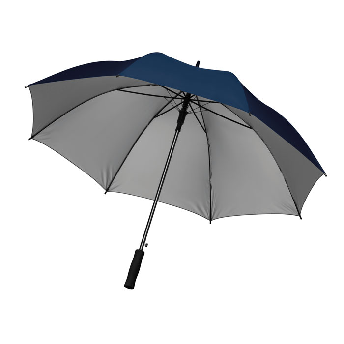 Parasol 27" Automatycznie otwierany parasol 27'' z poliestru 190T oraz wewnętrzną srebrną warstwą. Czarny metalowy trzon i żebra. Plastikowe końcówki. Prosta rączka z EVA. Manualne zamykanie.