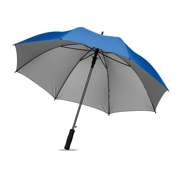 Parasol 27" Automatycznie otwierany parasol 27'' z poliestru 190T oraz wewnętrzną srebrną warstwą. Czarny metalowy trzon i żebra. Plastikowe końcówki. Prosta rączka z EVA. Manualne zamykanie.