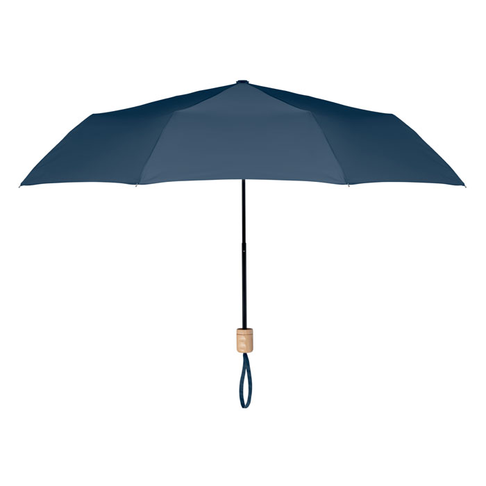 Parasol składany Składany parasol 21 cali, 3 sekcje z tkaniną pongee 190T RPET, czarny stelaż i żebra. Z drewnianą rączką. Ręczne otwierany i zamykany. Etui z tego samego materiału.