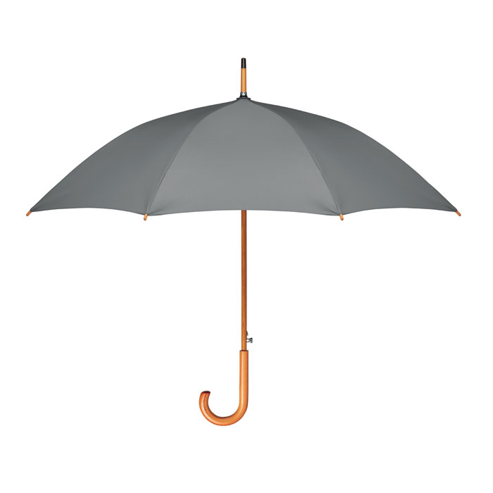 Parasol RPET 23 calowy automatyczny parasol z RPET pongee 190T, z drewnianym trzonem, końcówkami i zakończeniem. Czarne metalowe żebra. Zakrzywiony naturalny, drewniany uchwyt. Zamykany ręcznie.