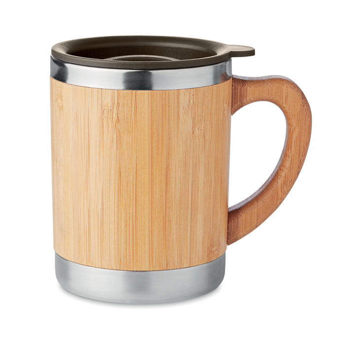 Kubek stali nierdzewnej 300ml Kubek ze stali nierdzewnej z podwójnymi ściankami, bambusowa obudowa i obrotowy otwór do picia. Pojemność 300 ml. Bambus jest produktem naturalnym, dlatego mogą wystąpić nieznaczne różnice w kolorze, wzorze i rozmiarze.
