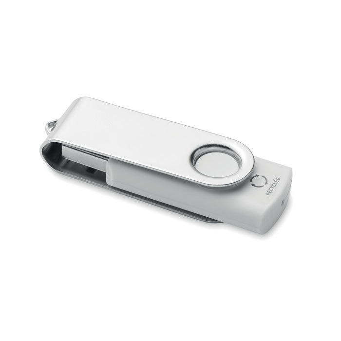 USB 16G z ABS z recyklingu     MO2080-06 Pamięć USB 2.0 o pojemności 16 GB z ABS z recyklingu z ochronną osłoną i z białym wykończeniem. Obróć metalową osłonę i podłącz do portu USB.