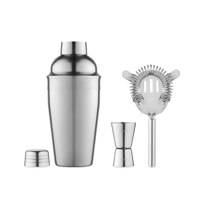 Komplet koktajlowy Komplet koktajlowy z shakerem (poj. 500 ml.), miarką i mieszadełkiem. Stal nierdzewna.