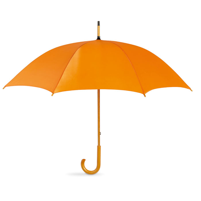 Parasol z drewnianą rączką Parasol z drewnianą rączką, ręcznie otwierany i zamykany. Drewniany trzon, kocówki oraz szpic. Czarne, lakierowane żebra, drewniane wykończenia. Rozmiar: 23 cale Materiał: poliester 190T.