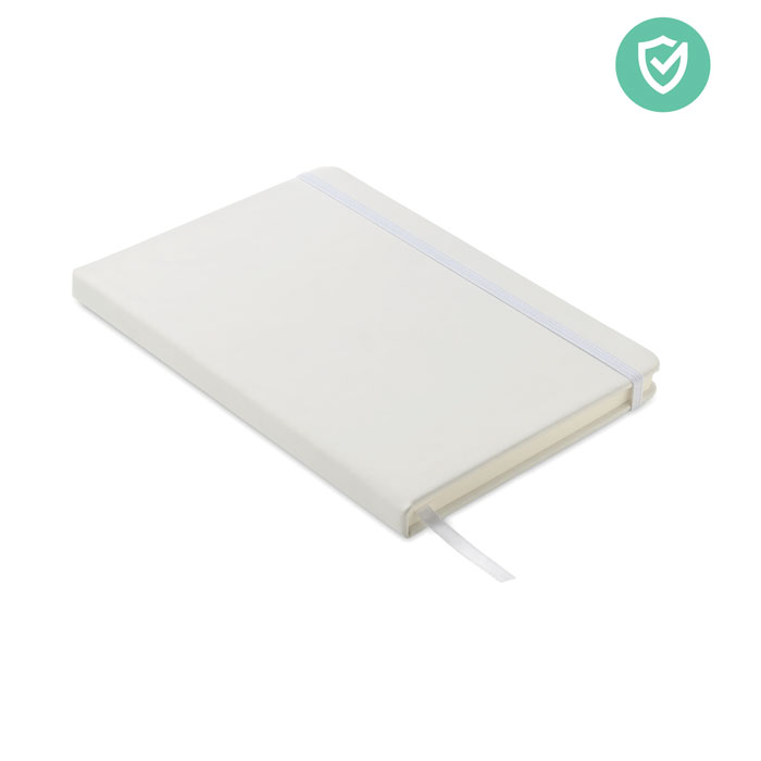 Antybakt. notes A5 w linie Notes A5 z antybakteryjną twardą okładką z PU z substancjami aktywnymi na bazie nanosrebra, hamującymi i zapobiegającymi rozwojowi co najmniej 99% bakterii. 192 strony w linie (96 kartek) z papieru z recyklingu. Dopasowany elastyczny pasek zamykający i tasiemka do oznaczania stron. Zgodny z normą ISO 22196.