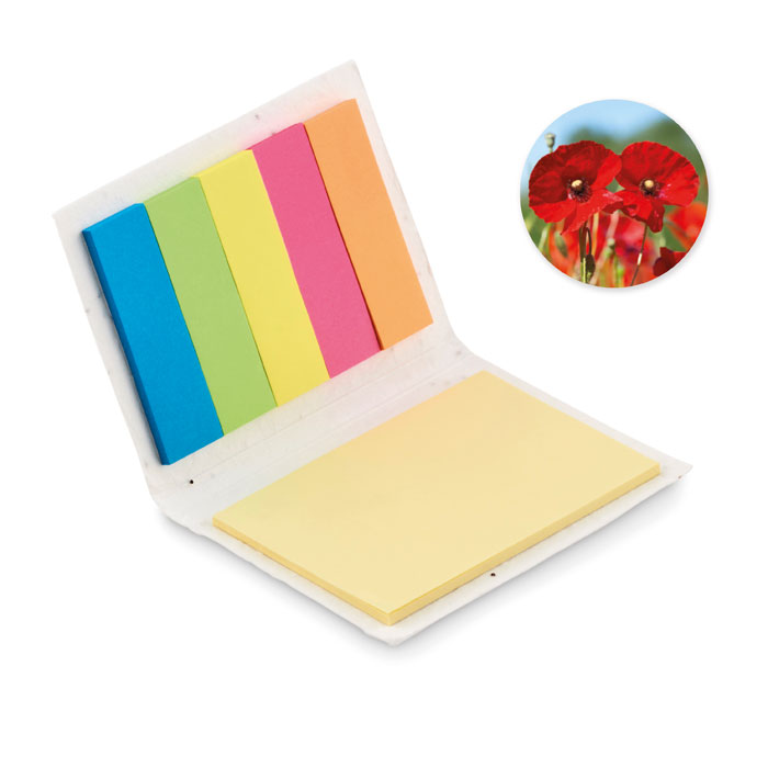 Papierowy notatnik z nasionami Notes samoprzylepny z miękką okładką z papieru w kolorze trawy. Duże żółte karteczki samoprzylepne z papieru z recyklingu i 5 markerów w różnych kolorach. Po zapisaniu swoich przemyśleń na ostatniej kartce, zasiej pokrywę i obserwuj, jak wyrasta na piękne pole czerwonych maków.