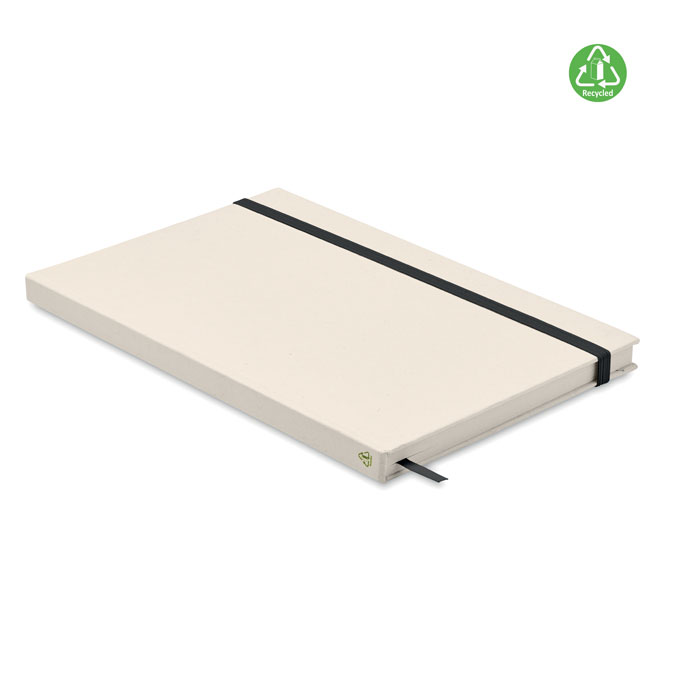 Zeszyt A5 karton z recyklingu Zeszyt A5 z twardą okładką i 160 stronami w linie (80 kartek 80 g/m²) wykonany w 70% z kartonów po mleku i w 30% z papieru z recyklingu. Elastyczny pasek zamykający, zakładka z tasiemki.