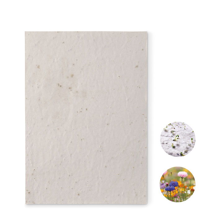 Arkusz A5 z nasionami kwiatów Arkusz papieru z recyklingu w formacie A5 z nasionami dzikich kwiatów (80 gr/m²). Wyprodukowano w UE.