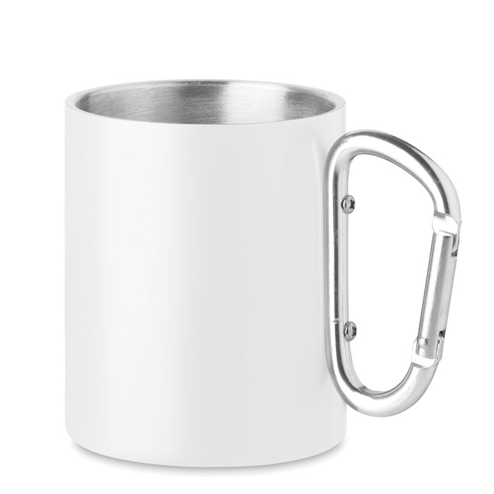 Kubek z karabińczykiem Sublimacyjny metalowy kubek w stylu vintage ze stali nierdzewnej o podwójnych ściankach z uchwytem w formie karabińczyka. Pojemność 300 ml.