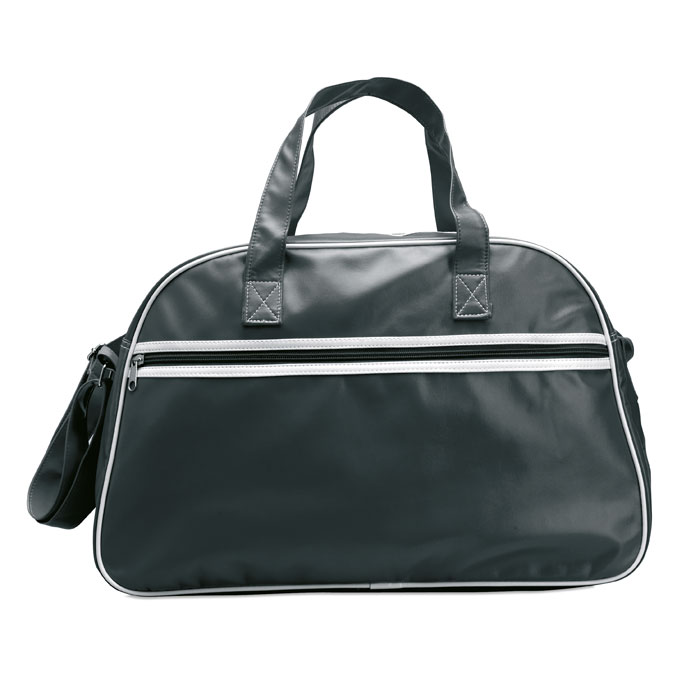 Torba sportowa, PVC Torba sportowa ''vintage'' z matowego PVC z białą lamówką i przeszyciem.Kieszeń z przodu zamykana na suwak. Regulowany pasek na ramię.