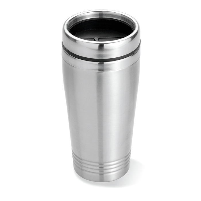 Turystyczny kubek 400ml Kubek podróżny ze stali nierdzewnej o podwójnych ściankach, z czarną pokrywką z PP. Pojemność: 400 ml.