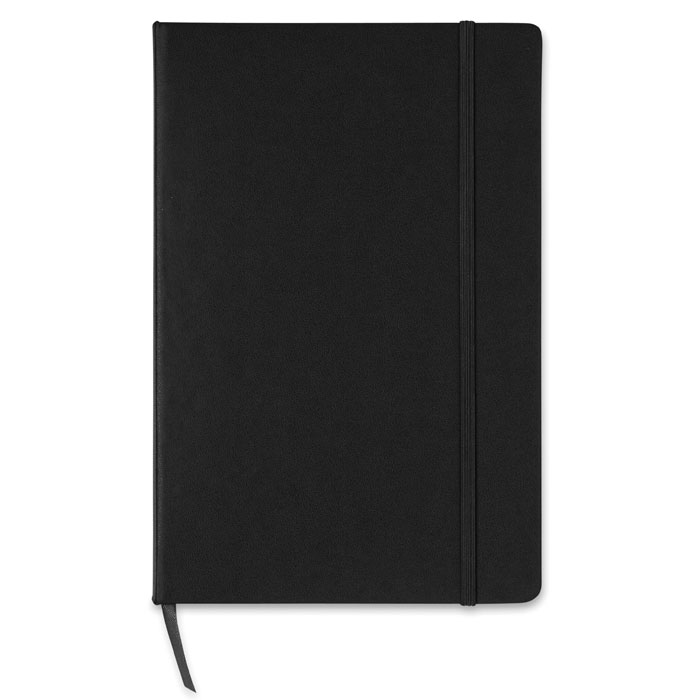 Notes. Notatnik A5 z twardą okładką z PVC. 192 strony w kratkę z papieru z recyklingu (96 kartek). Dopasowany elastyczny pasek zamykający i zakładka ze wstążki.