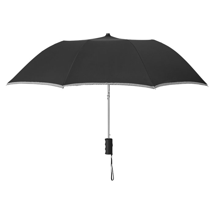 Składany parasol 21 cali Parasol o średnicy 21 cali. Składany na 2, otwierany automatycznie. Wykonany z poliestru pongee, plastikowa rączka ze smyczką. Trzon, żebra i koncówki ocynkowane. W etui z tego samego materiału z elementami odblaskowymi. Zamykany manualnie.