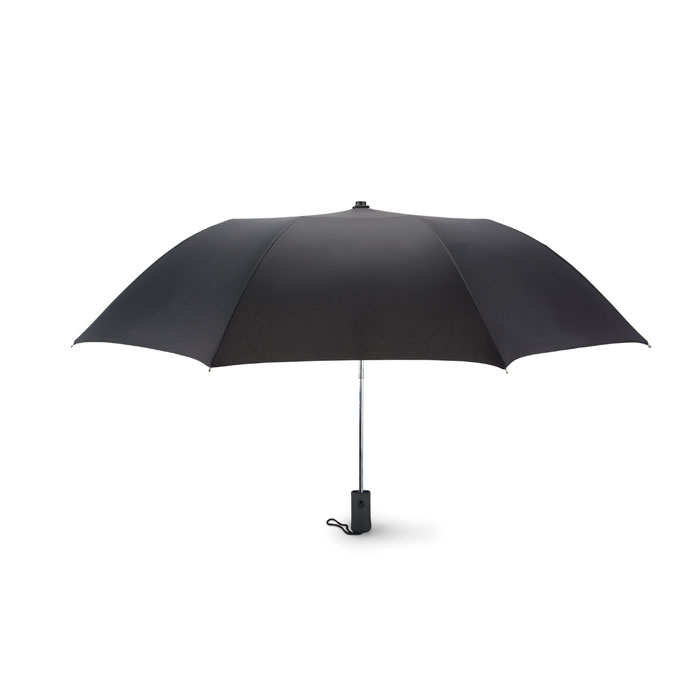 Parasol automatyczny 21 cali Parasol 21cali, otwierany automatycznie, składany na 2. Wykonany z wysokiej jakości poliestru pongee 190T, trzon, żebra i końcówki ocynkowane. Czarna gumowana rączka z ABS. Posiada dopasowane etui. Zamykany manualnie.