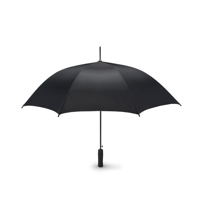 Parasol, automatyczn Parasol automatyczny 23 cale wykonany z pongee 190T, z czernionym metalowym trzonem i ożebrowaniem, czarne plastikowe zakończenia. Rączka wykonana z pianki EVA, zapięcie manualne.