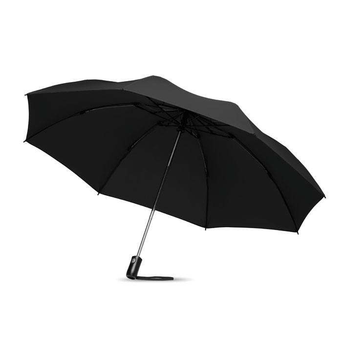 Składany odwrócony parasol 3-krotnie składany parasol 23'' z materiału 190T pongee, automatycznie otwierany/zamykany. Stalowy, chromowany trzon, żebra z włókna szklanego. Czarna rączka z ABS z przyciskiem. Dopasowany pokrowiec.