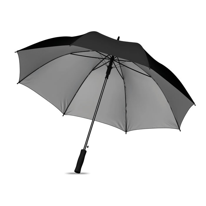 Parasol 27" Automatycznie otwierany parasol 27'' z poliestru 190T oraz wewnętrzną srebrną warstwą. Czarny metalowy trzon i żebra. Plastikowe końcówki. Prosta rączka z EVA. Manualne zamykanie.
