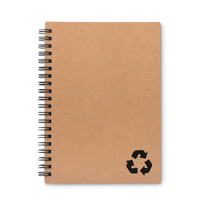 Notatnik z papieru mineralnego Notatnik z okładką z kartonu z recyklingu. Podwójna spirala. 140 stron w linie z papieru mineralnego (70 arkuszy). Papier mineralny jest wykonany z węglanu wapnia i HDPE (żywicy polietylenowej) stosowanej jako spoiwo. Jest wodoodporny i odporny na tłuszcz.