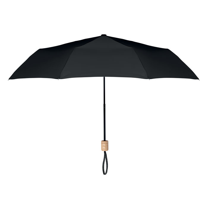 Parasol składany Składany parasol 21 cali, 3 sekcje z tkaniną pongee 190T RPET, czarny stelaż i żebra. Z drewnianą rączką. Ręczne otwierany i zamykany. Etui z tego samego materiału.
