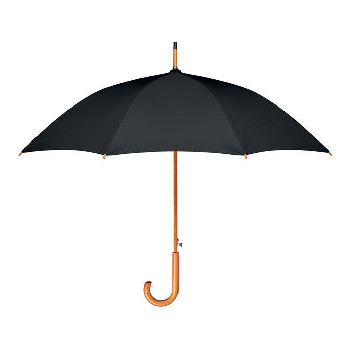 Parasol RPET 23 calowy automatyczny parasol z RPET pongee 190T, z drewnianym trzonem, końcówkami i zakończeniem. Czarne metalowe żebra. Zakrzywiony naturalny, drewniany uchwyt. Zamykany ręcznie.