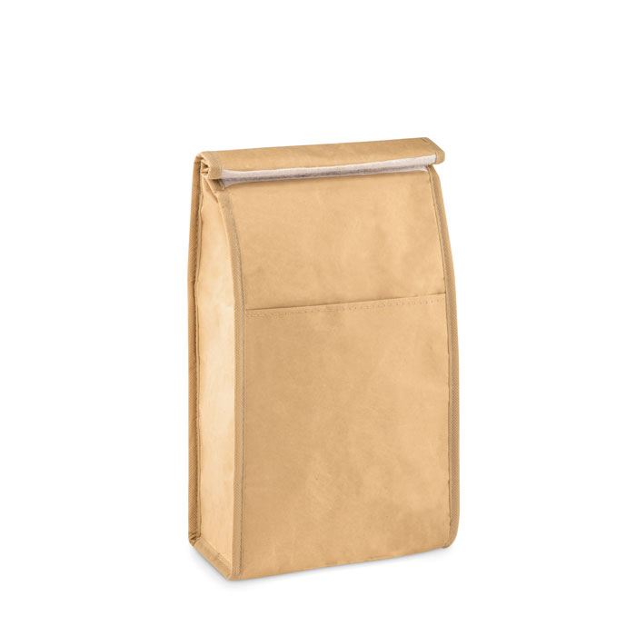 Torba na lunch z papieru Tkana torba na lunch z papieru z recyklingu z przednią kieszenią. Materiał izolacyjny: Warstwa pianki PE. Pojemność 3 l.