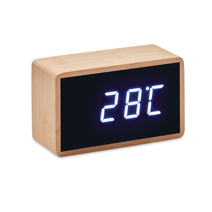 Bambusowy budzik LED Wyświetlacz LED z budzikiem i wskaźnikiem temperatury w bambusowej obudowie. W zestawie adapter AC-DC. Bambus jest produktem naturalnym, mogą występować niewielkie różnice w kolorze i rozmiarze.