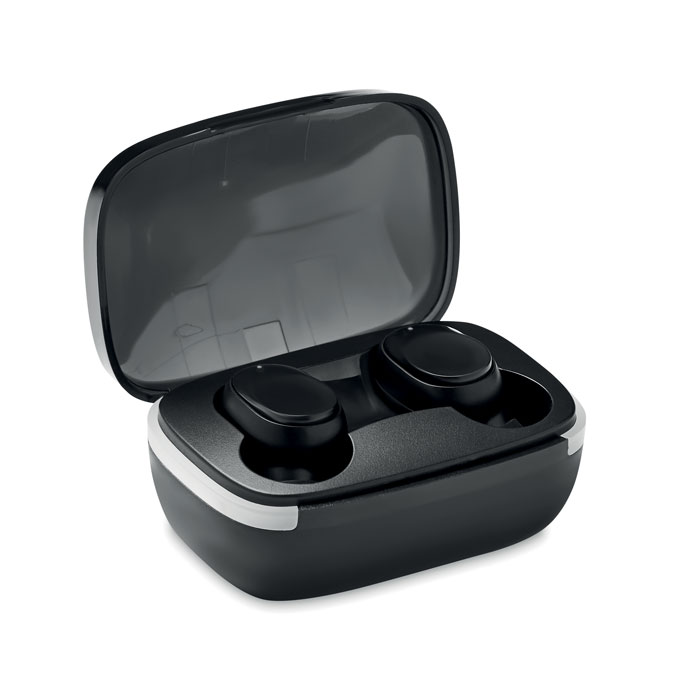 Słuchawki TWS z ładowarką Zestaw 2 słuchawek True Wireless Stereo (TWS) 5.1 z mikrofonem i wbudowanym akumulatorem 25 mAh. Czas odtwarzania ok. 3 godziny. Automatyczne parowanie. W zestawie kabel do ładowania micro USB i stacja ładująca 200 mAh.