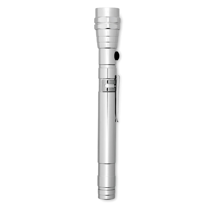 Latarka teleskopowa Teleskopowa, aluminiowa latarka z 3 diodami LED, magnesem na głowicy oraz klipem umieszczonym z boku. Max. dł. 57cm. Dołączone 4 baterie LR44.