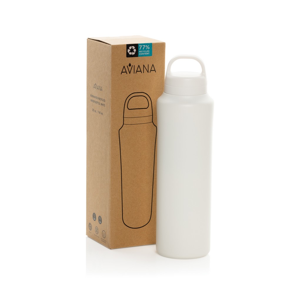 Butelka termiczna 740 ml Aviana™ Rowan Butelka termiczna 740 ml, posiada podwójne ścianki ze stali nierdzewnej z próżnią między ściankami, co spowalnia oddawanie temperatury na zewnątrz, zachowując funkcje termosu, wykonana z materiałów z recyklingu