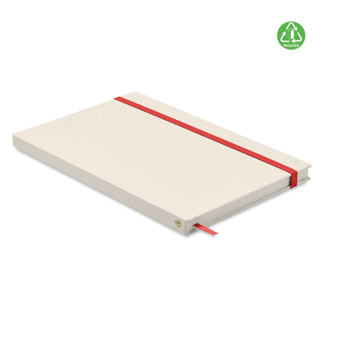 Zeszyt A5 karton z recyklingu Zeszyt A5 z twardą okładką i 160 stronami w linie (80 kartek 80 g/m²) wykonany w 70% z kartonów po mleku i w 30% z papieru z recyklingu. Elastyczny pasek zamykający, zakładka z tasiemki.