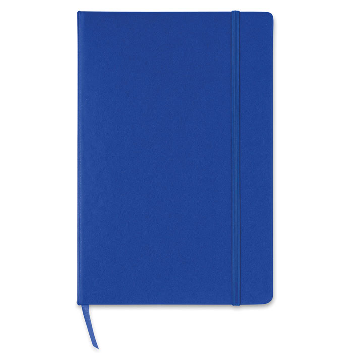 Notes. Notatnik A5 z twardą okładką z PVC. 192 strony w kratkę z papieru z recyklingu (96 kartek). Dopasowany elastyczny pasek zamykający i zakładka ze wstążki.