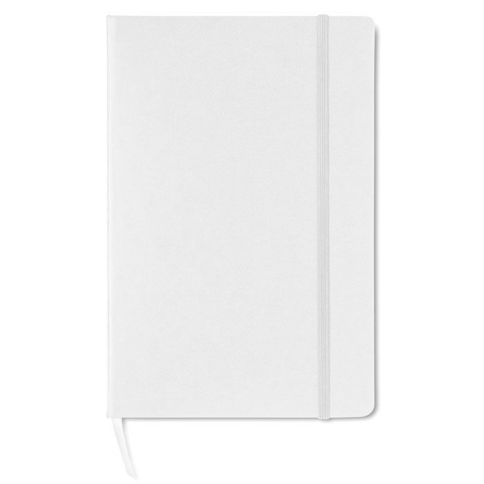Notes. Notatnik A5 z twardą okładką z PVC. 192 strony w kratkę z papieru z recyklingu (96 kartek). Dopasowany elastyczny pasek zamykający i zakładka ze wstążki.