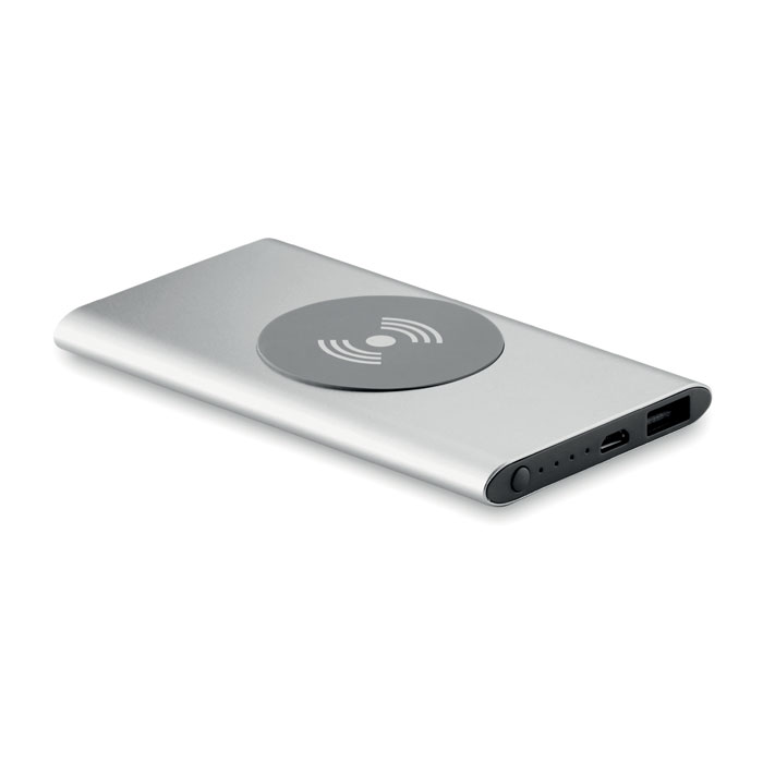 Powerbank bezprzewodowy Bezprzewodowy, aluminiowy power bank o pojemności 4000 mAh. Zawiera złącze typu C. Wyjście: DC5V/0.8A.