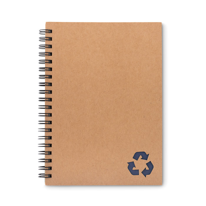 Notatnik z papieru mineralnego Notatnik z okładką z kartonu z recyklingu. Podwójna spirala. 140 stron w linie z papieru mineralnego (70 arkuszy). Papier mineralny jest wykonany z węglanu wapnia i HDPE (żywicy polietylenowej) stosowanej jako spoiwo. Jest wodoodporny i odporny na tłuszcz.