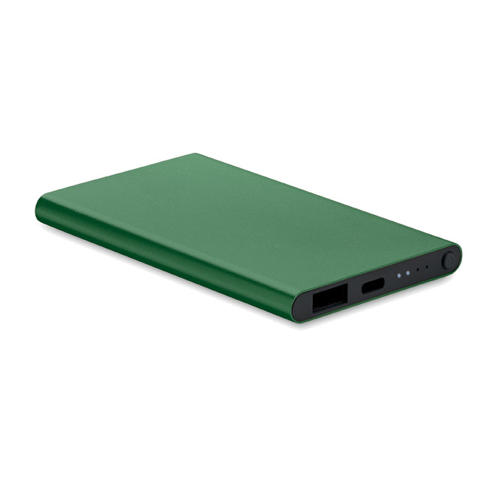 Power Bank 4000 mAh typ C Power bank o pojemności 4000 mAh wykonany z aluminium pochodzącego z recyklingu. Prąd wyjściowy DC5V/2A. Zawiera lampkę kontrolną i kabel USB z wejściem/wyjściem typu C: Typ C.