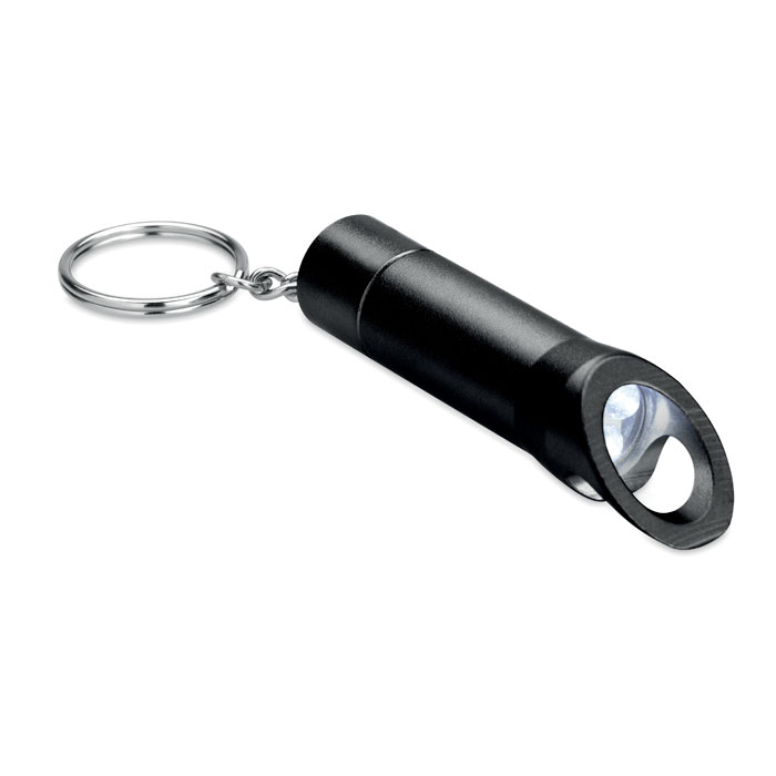 Metalowa latarka. Metalowa latarka Led zawieszona na breloczku, zawierająca otwieracz do butelek.