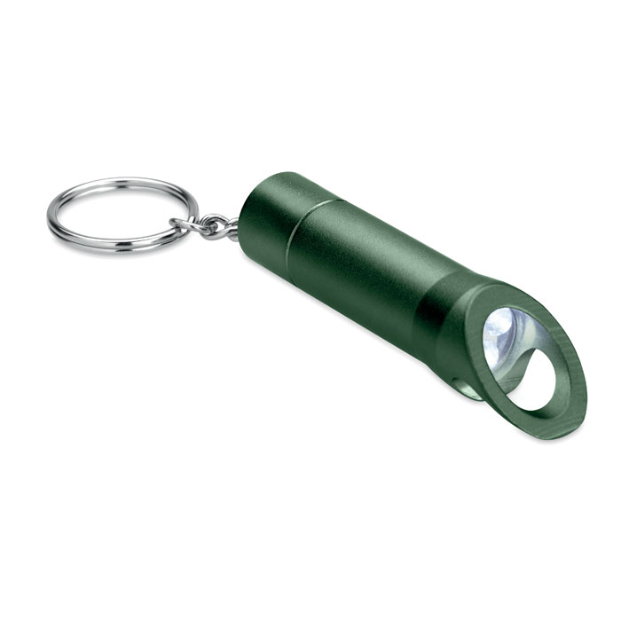Metalowa latarka. Metalowa latarka Led zawieszona na breloczku, zawierająca otwieracz do butelek.