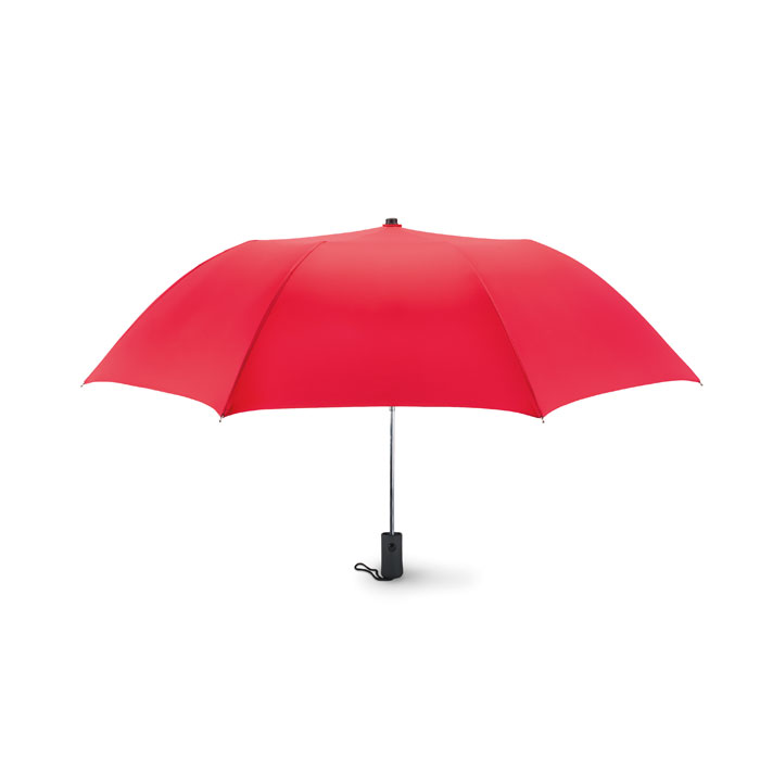 Parasol automatyczny 21 cali Parasol 21cali, otwierany automatycznie, składany na 2. Wykonany z wysokiej jakości poliestru pongee 190T, trzon, żebra i końcówki ocynkowane. Czarna gumowana rączka z ABS. Posiada dopasowane etui. Zamykany manualnie.