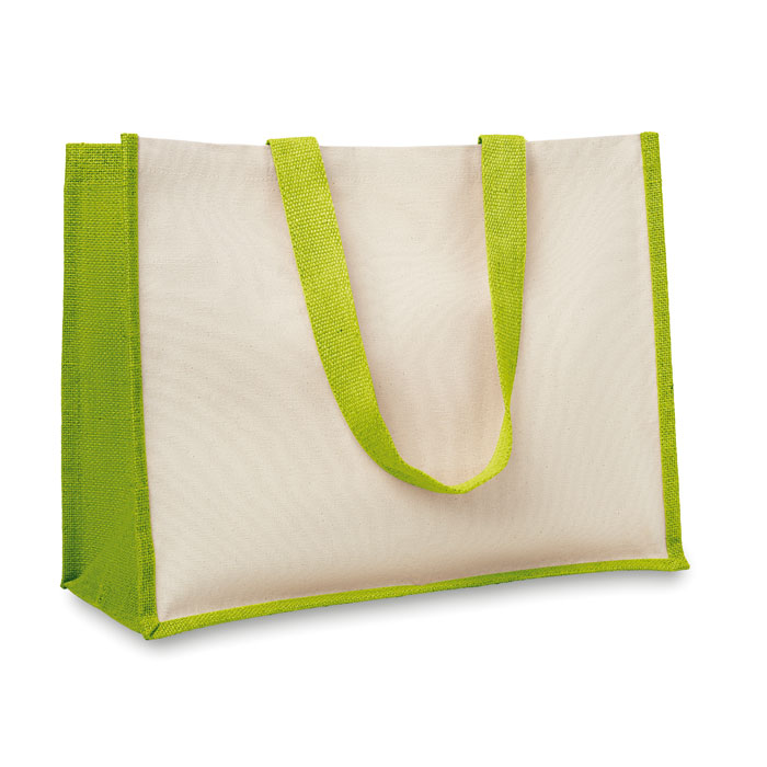 Torba na zakupy Jutowa torba na zakupy, wewnątrz laminowana, z zewnątrz płócienna. Posiada długie, bawełniane uchwyty. Ten produkt posiada certyfikat OEKO-TEX® STANDARD 100.