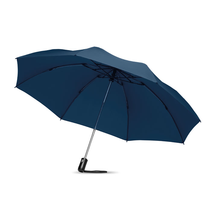 Składany odwrócony parasol 3-krotnie składany parasol 23'' z materiału 190T pongee, automatycznie otwierany/zamykany. Stalowy, chromowany trzon, żebra z włókna szklanego. Czarna rączka z ABS z przyciskiem. Dopasowany pokrowiec.