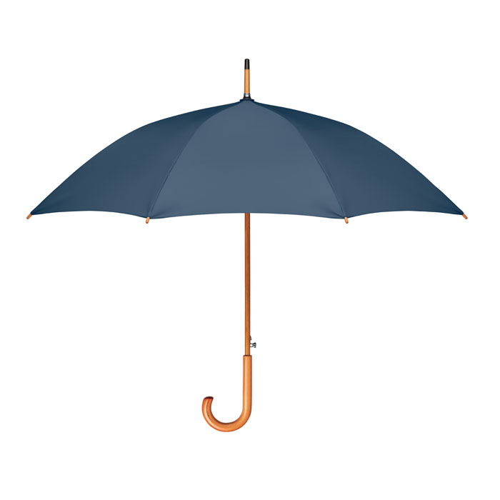 Parasol RPET 23 calowy automatyczny parasol z RPET pongee 190T, z drewnianym trzonem, końcówkami i zakończeniem. Czarne metalowe żebra. Zakrzywiony naturalny, drewniany uchwyt. Zamykany ręcznie.